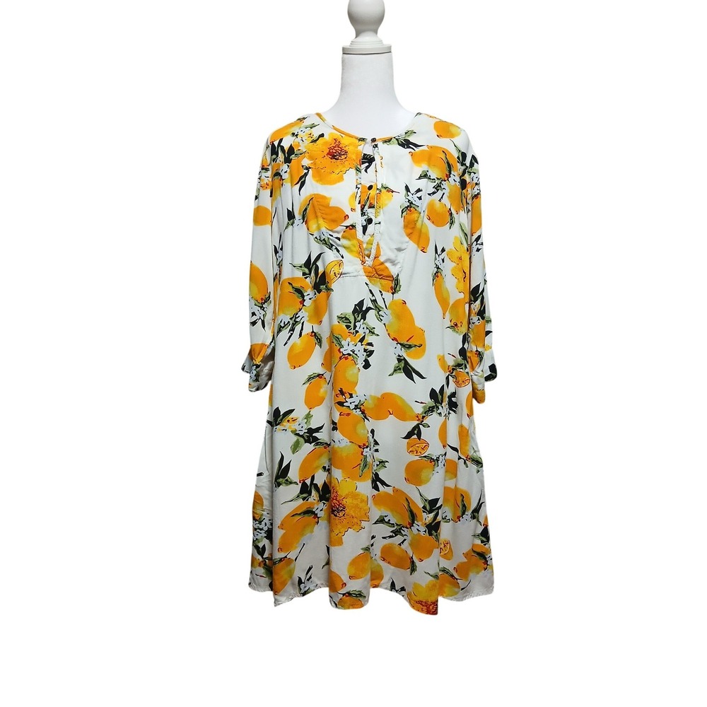 STOP Women XL Lemon Print Rayon Shift Dress 3/4 Sleeve White Yellow‎ Citrus XL